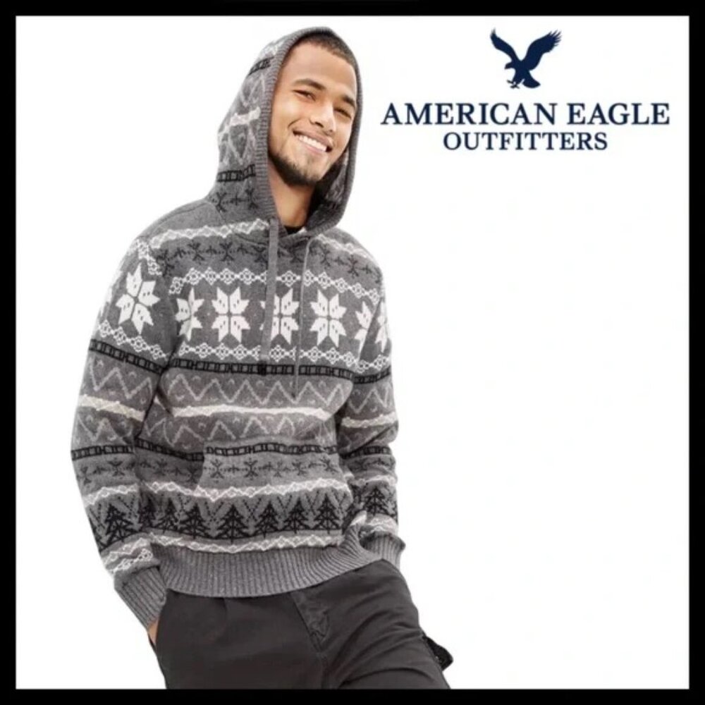 American‎ Eagle Softest Sweater Mens Fairisle Nordic Knit Hoodie Ski XLT